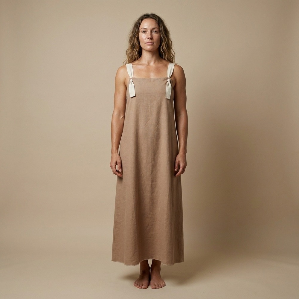 FILOSOFIA Tan Cotton Pinafore Maxi Dress Tie Straps Raw Hem Made in USA Large